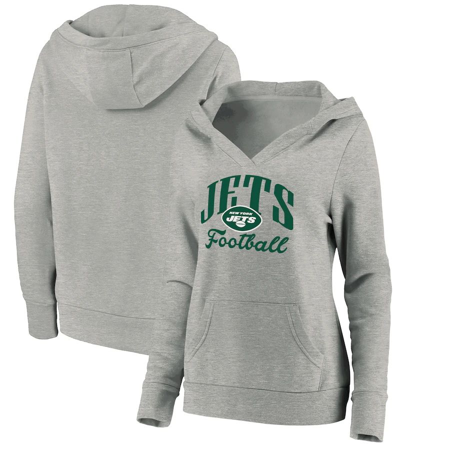 Women New York Jets Fanatics Branded Heathered Gray Victory Script V-Neck Pullover Hoodie->women nfl jersey->Women Jersey